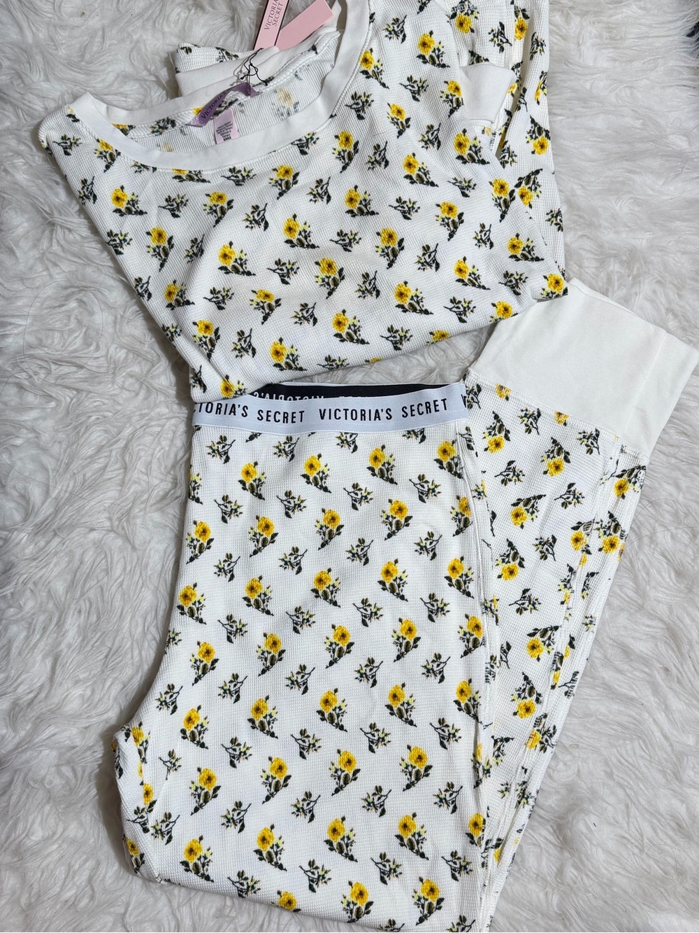 NWT Victoria's Secret XL White Floral Thermal Pajama PJ Matching Set Yellow Dais